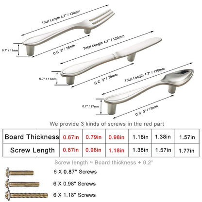 Sinyiol 3Pcs Funny Cutlery Tableware Cabinet Pulls,Creative Spoon Fork Knife Shape 3" Hole Center Vintage Kitchen Cupboard Pulls Handles,Cute and Fun (Mixed Pack, Silver, 3Pcs)