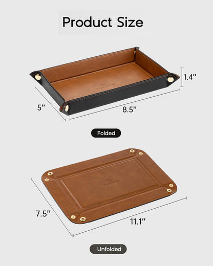 VLANDO PU Leather Valet Tray, 8.5 x 5 x 1.5 Inch Catchall Organizer for Men, Desk Nightstand Dresser Holder for Keys Phone Wallet Watch Coins, Entryway Gift