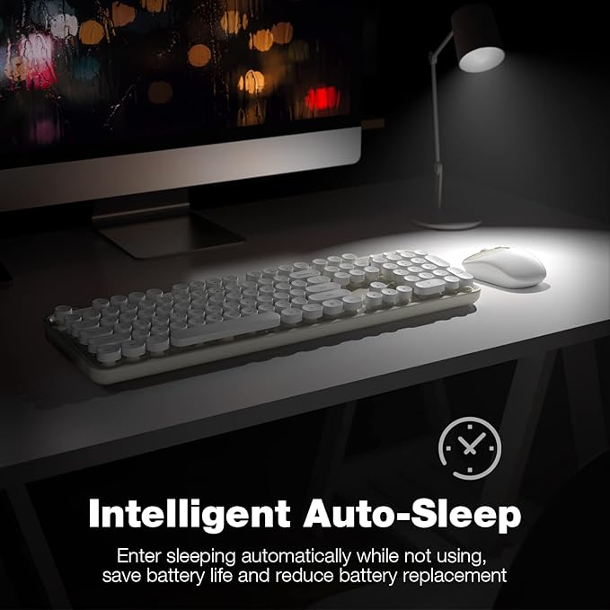 MOFII Wireless Keyboard and Mouse Combo, Computer Full Size 2.4G Plug and Play Wireless Typewriter Retro Round Keyboard and Mouse Set for Windows, Computer, Desktop, PC, Notebook - (Off White)