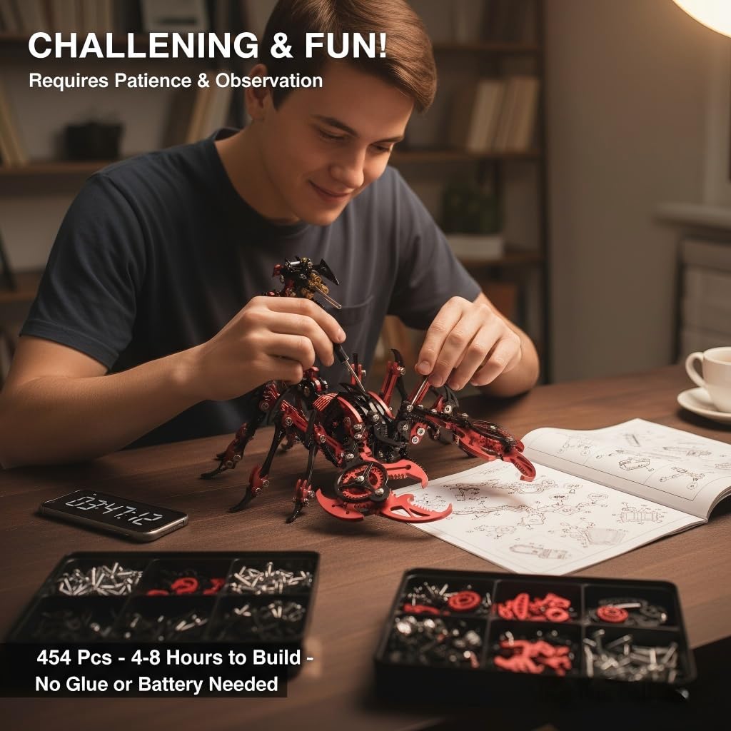 Scorpion 3D Metal Puzzles for Adults,454PCS Stainless Steel DIY Mechanical Metal Model Kits,No Glue Assembly with Movable Joints,Challenging Metal Building Kit Desk Decor Gift (Black-Red)