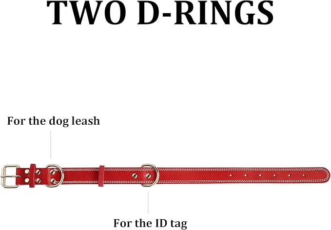 Dog Collar,Genuine Leather Dog Collar,Heavy Duty Dog Collar for Small,Medium,Large and Extra Large Dog (M: 1" Wide for 15.2"-19.2" Neck,Dual Stitch - Red)