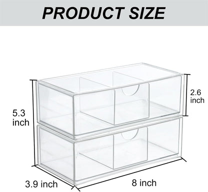 Set of 2 Stackable Storage Drawers - 7.8" Clear Plastic Drawer Storage, Acrylic Makeup Organizer, Desk Counter Cabinet Office Organizer, Bathroom Organizers and Storage (3 Grid/Set of 2)