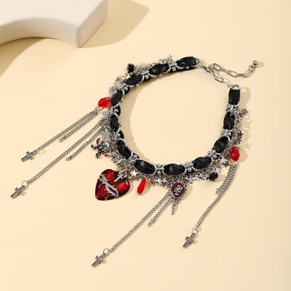 Thalireth Goth Vampire Heart Necklace Spooky Gothic Skeleton Cross Y2k Star Tassel Leather Choker Chunky Statement Necklace for Women Halloween