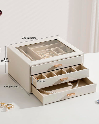 GLOBAL KA Jewelry Box with Glass Lid,3-Layer Jewelry Boxes for Women,PU Leather Jewelry Organizer with 20-Grid Earring Drawer & Movable Dividers for Necklaces Rings - Cloud White