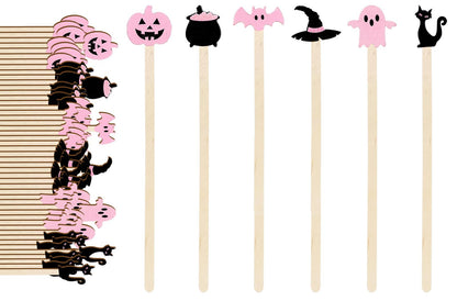 JarThenaAMCS 120Pcs Halloween Coffee Stirrers Disposable Pink Black Ghost Bat Cat Pumpkin Stir Sticks Wooden Drink Stirrer for Hot Chocolate Milkshake Restaurant Home Office