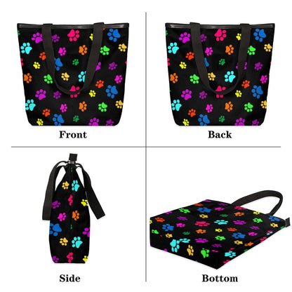 KOBLEN Dog Paw Print Canvas Tote Bag Reusable Grocery Shopping Bags for Women Beach Travel Storage Handbag with Zipper Portable Shoulder Bag