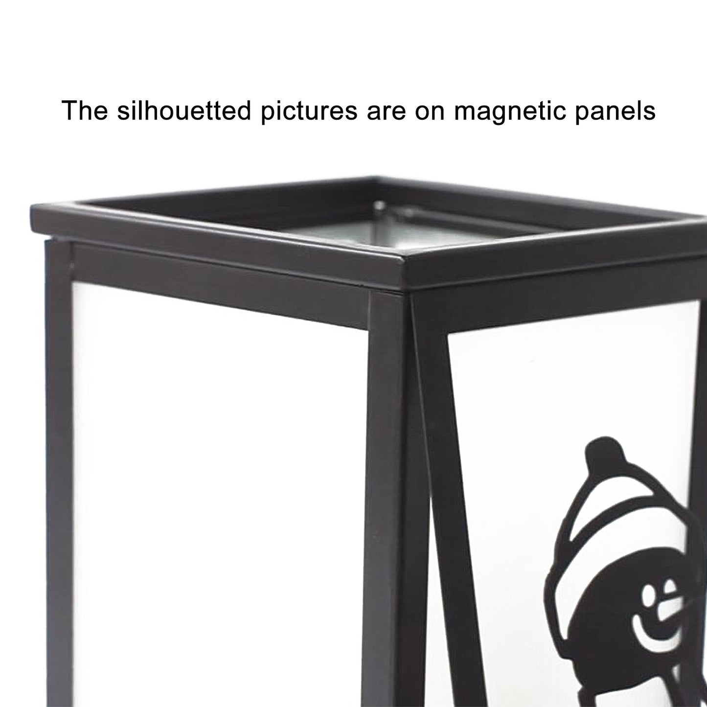 Decorative LED Candle Lantern with Timer & 12 Magnetic Seasonal Panels - Battery Operated Flameless Flickering Candle - Rustic Black Metal Lantern for Indoor & Outdoor Home Decor, 5” x 5” x 8.5”