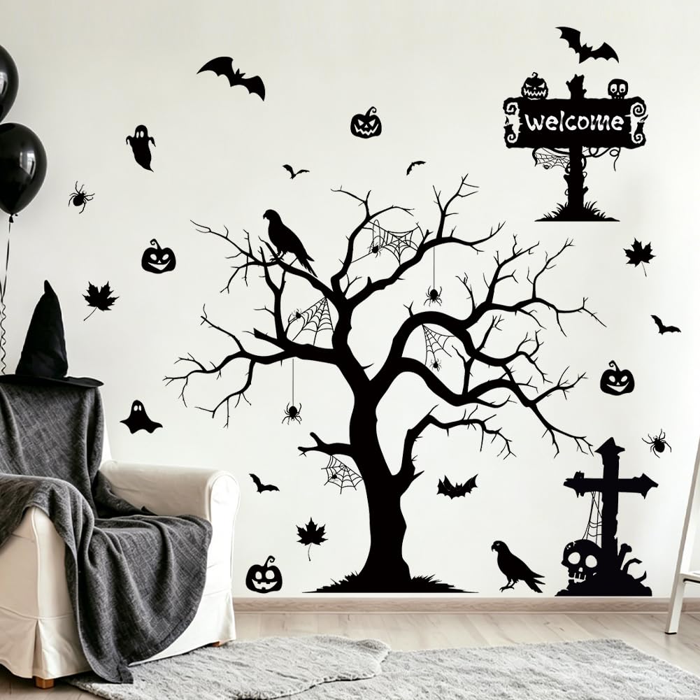 Halloween Spooky Wall Decals Black Tree Branch Wall Sticker Gothic Crow Bats Spider Horror Pumpkin Wall Decor Black Skull Halloween Festival Decoration for Holiday Home Party Classroom Office