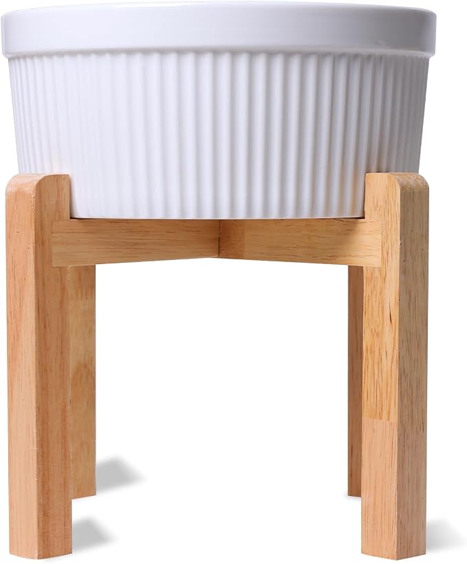 GDCZ 65 Oz Large Ceramic Raised Dog Food Bowl with Wooden Stand, White | Large 65oz Food Water Dish, Elevated Wooden Stand For Neck Relief, Heavy Tip-Proof Ceramic, Modern Fluted Design Textured