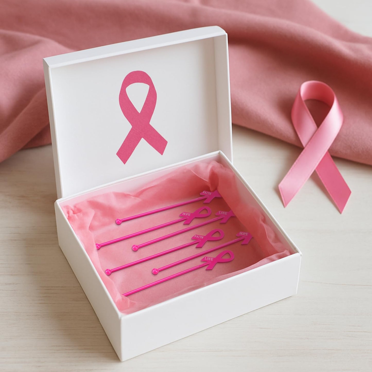 Chengu 90 Pcs Breast Cancer Awareness Drink Stirrers 6 Inch Pink Ribbon Plastic Cocktail Swizzle Sticks Coffee Whiskey Beverage Stirrers for Breast Cancer Awareness Party Decorations
