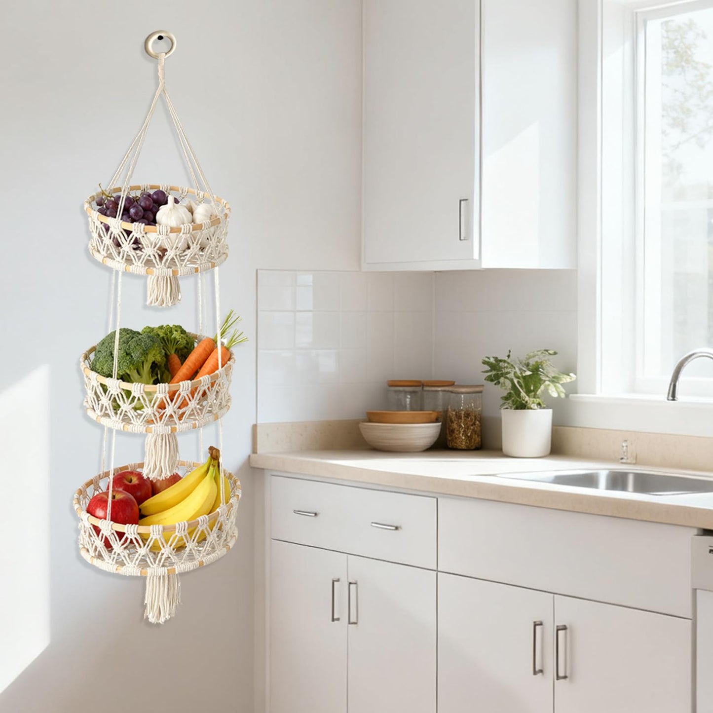 MuuXii 3 Tier Hanging Fruit Basket, Macrame Hanging Basket for Fruit and Vegetable Storage, Cotton Rope Woven Baskets, Boho Wall Baskets Organizing Hanging Plant Holder for Indoor Kitchen Decor