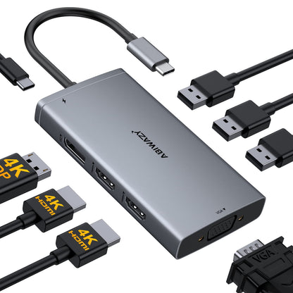 USB C Docking Station Dual Monitor for Dell/HP/Lenovo/Surface Laptop, 14 in 1 Triple Display Hub Multiple Adapter, Dongle with 2 HDMI 4K+VGA+5 Port+100W PD Charger+Ethernet+SD/TF+Audio