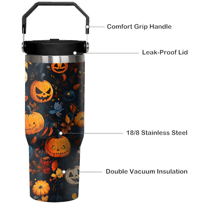 30 oz Halloween Pumpkin Tumbler with Handle and Flip Straw, Horror Scary Maple Leaves Spooky Coffee Mug Water Bottle Stainless Steel Cup, Birthday Gifts