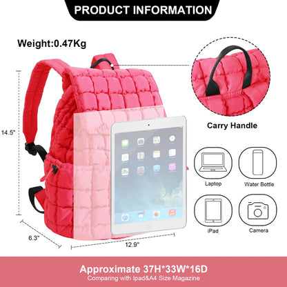 XSUIOY Quilted Backpack Purse for Women Small Lightweight Puffer Puffy College Laptop Backpack Nylon Casual Bookbag Daypack Top Flap Drawstring Padding Hiker Travel Gym Backpack(Rosered)
