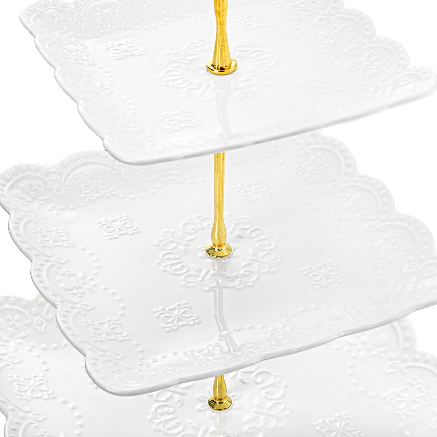 Tebery 2 Pack 3-Tier White Ceramic Embossed Dessert Cake Tower Stand with Gold Carry Handle, Cupcake Stand Serving Trays, Porcelain Party Food Server Display Holder