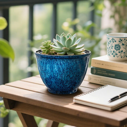 Vanslogreen 8 Inch Glazed Plastic Plant Pots, Set of 4 Planters with Drainage Holes - Indoor/Outdoor Flower Pots for Succulents, Herbs, Home Decor(Blue)