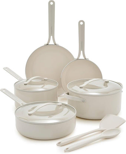 GreenPan Nova 10-Piece Nonstick Cookware Set, PFAS-Free Ceramic Pots & Pans with Silicone Cooking Utensils, Durable Fast Heating, Induction Ready, Oven Safe to 600°F, Dishwasher Safe, Cream White