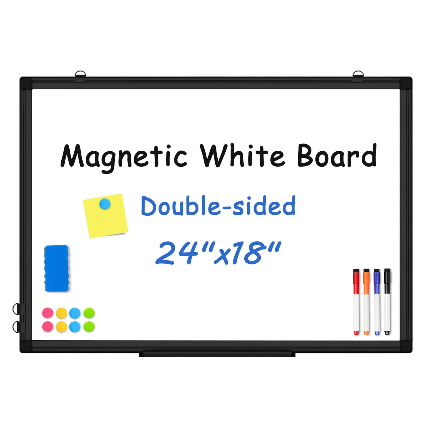 Double-Sided White Board Black Aluminium Frame, 24" x 18" Dry Erase Board Magnetic Whiteboard for Wall, Hanging Mounted Whiteboard Home, School, Office, Kitchen