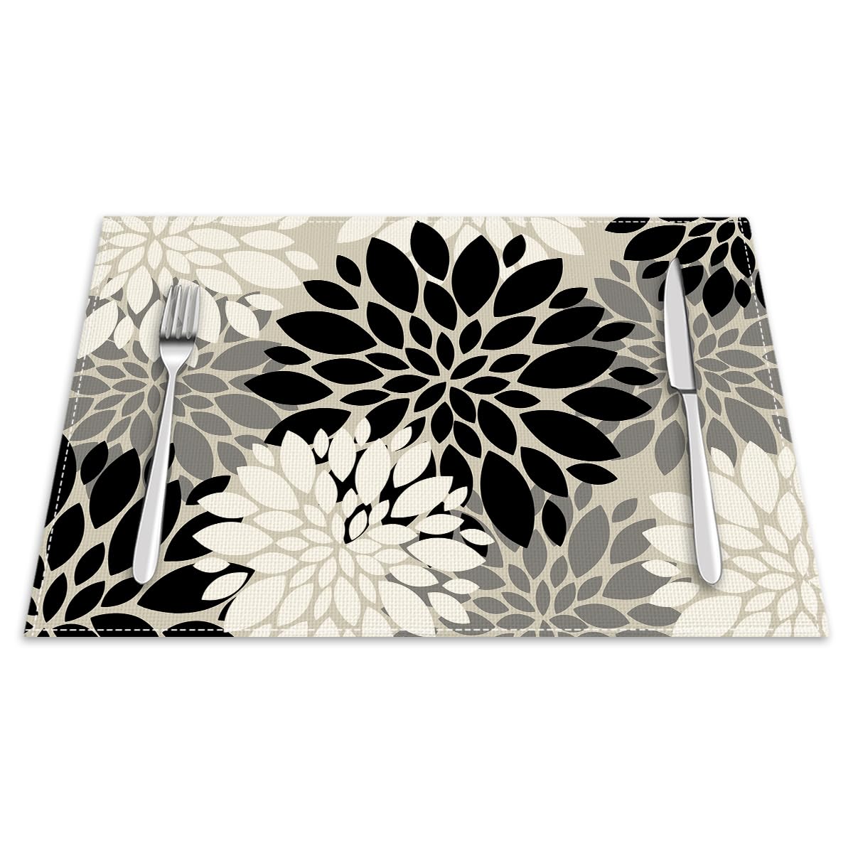 Grey Black White Dahlia Floral Placemats Set of 4, 12x18 Inch Waterproof Stain Resistant Linen Table Placemats Farmhouse Kitchen Party Decor Home Décor
