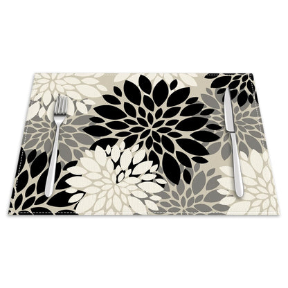 Grey Black White Dahlia Floral Placemats Set of 4, 12x18 Inch Waterproof Stain Resistant Linen Table Placemats Farmhouse Kitchen Party Decor Home Décor