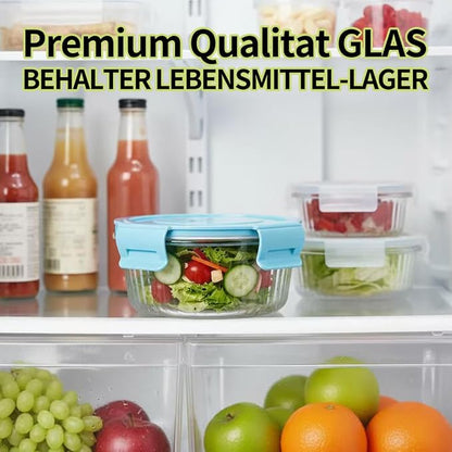 12oz Round Glass Food Storage Containers with Lids and Foldable Cutlery, 1.5 cup Round Glass Lunch Containers, Small Food Bowls for Office, School, Outdoor, Microwave, Freezer Safe -4 Pack