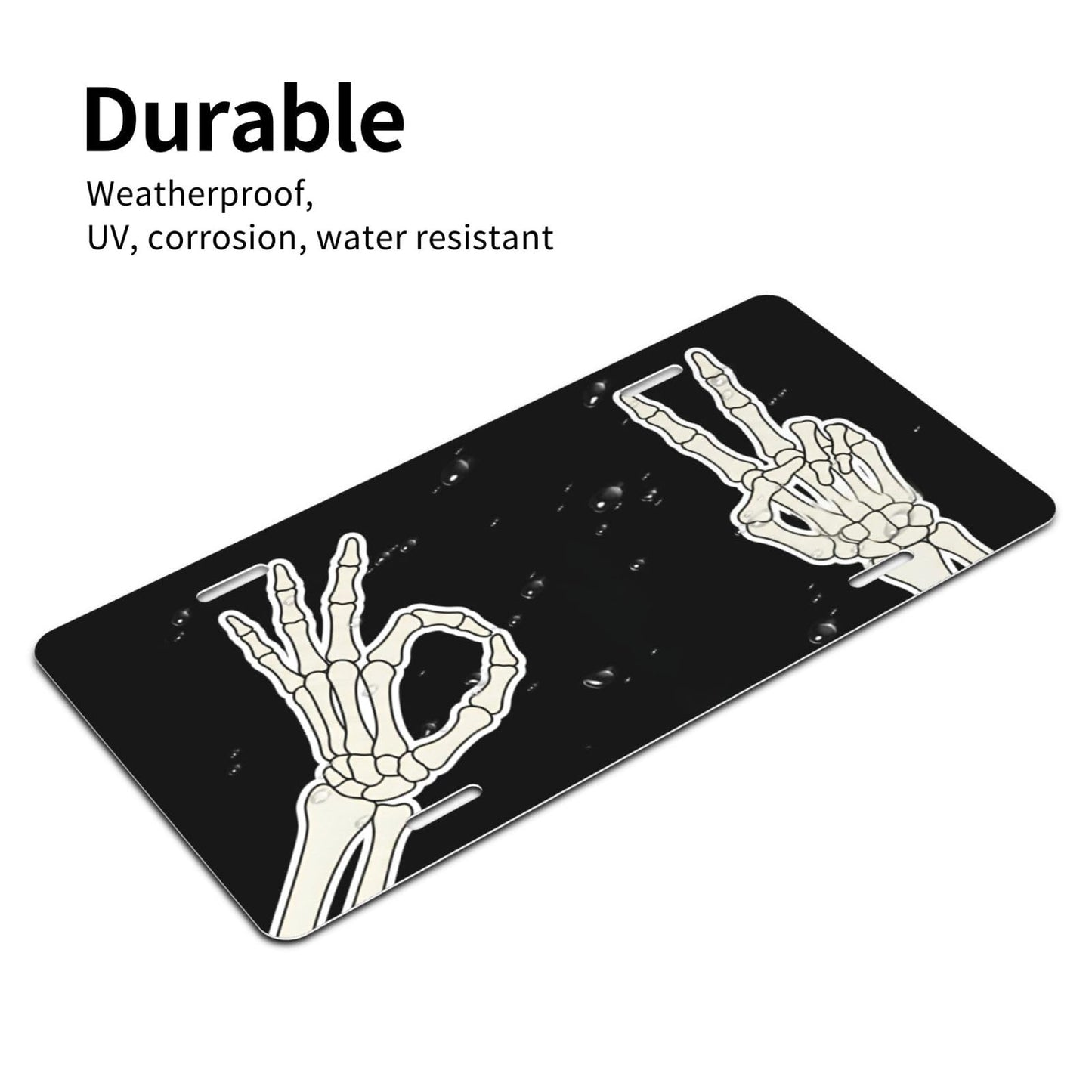 Skeleton Hand Ok and Peace Sign Front License Plate for Women Car Vanity Plates Decorative Aluminum Metal Cute Novelty License Plate Cover for Men 6x12 Inch (4 Holes)