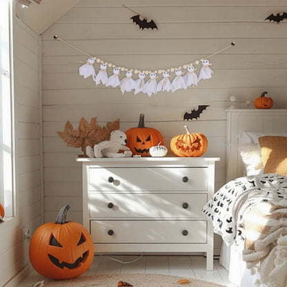 Halloween Decorations Indoor，7Ft Cute Halloween Ghost Garland with Wooden Beads，Handmade Rustic Banner for Mantel Wall Home Office School Indoor Outdoor Spring Decor Supplies