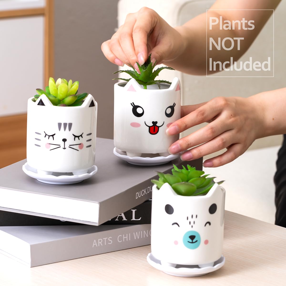 B SEPOR Set of 6 4.25inch Small Ceramic Animal Succulent Planter Porcelain Pots for Baby Succulant with Drainage and Bamboo Tray for Window Sill(Squatting Cats)