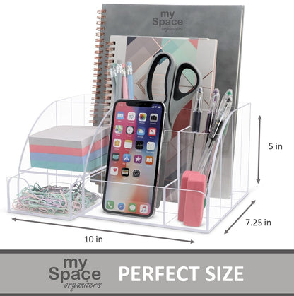 My Space Organizers Clear Acrylic Desk Oganizer, 9 Compartments, Office Supplies and Desk Accessories Organizer, Home Decor Desktop Organizer (Clear)