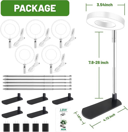 LBW Grow Light for Indoor Plants, Height Adjustable Plant Grow Lamp with Auto On/Off Timer 6/8/12/16H, 3 Colors,5 Dimmable Brightness, for Small Plants, White, 5 Packs