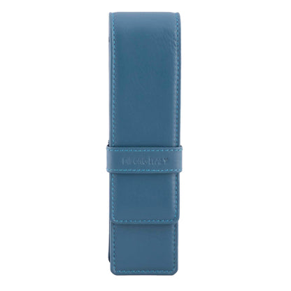 DiLoro Leather Pen Case Pouch Holder for Two Fountain Ballpoint Rollerball Pens or Pencils (Sololio Blue)