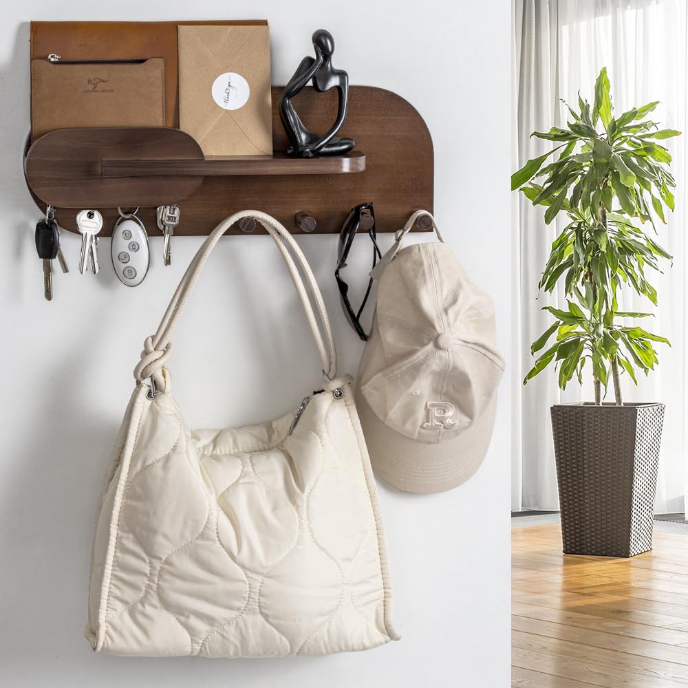 Solid Wood Mail and Key Holder for Wall Decorative Display - Includes Mail Holder, Shelf with Hooks for Keys & Pegs for Hanging Hats, Coats, Bags, Backpacks & More - Sleek Modern Design, Walnut Brown