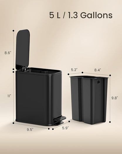 Cesun Small Bathroom Trash Can with Lid Soft Close, Step Pedal, 5 Liter / 1.3 Gallon Stainless Steel Garbage Can with Removable Inner Bucket, Waste Basket for Bathroom, Bedroom (Matte Black)