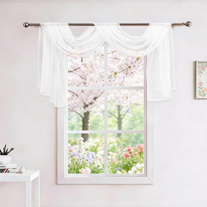 Showgeous 2 Panels White Window Scarf Valance Sheer Canopy Bed Curtains 52" X 144" Extra Long Topper Window Treatment Elegant Curtain Scarves Soft Voile Swag Curtain Drapes for Wedding Arch Home Decor