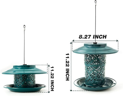 Metal Bird Feeders for Outdoors Hanging, Weather Resistant Wild Bird Feeder with 360 Degree Feeding Tray (Green)