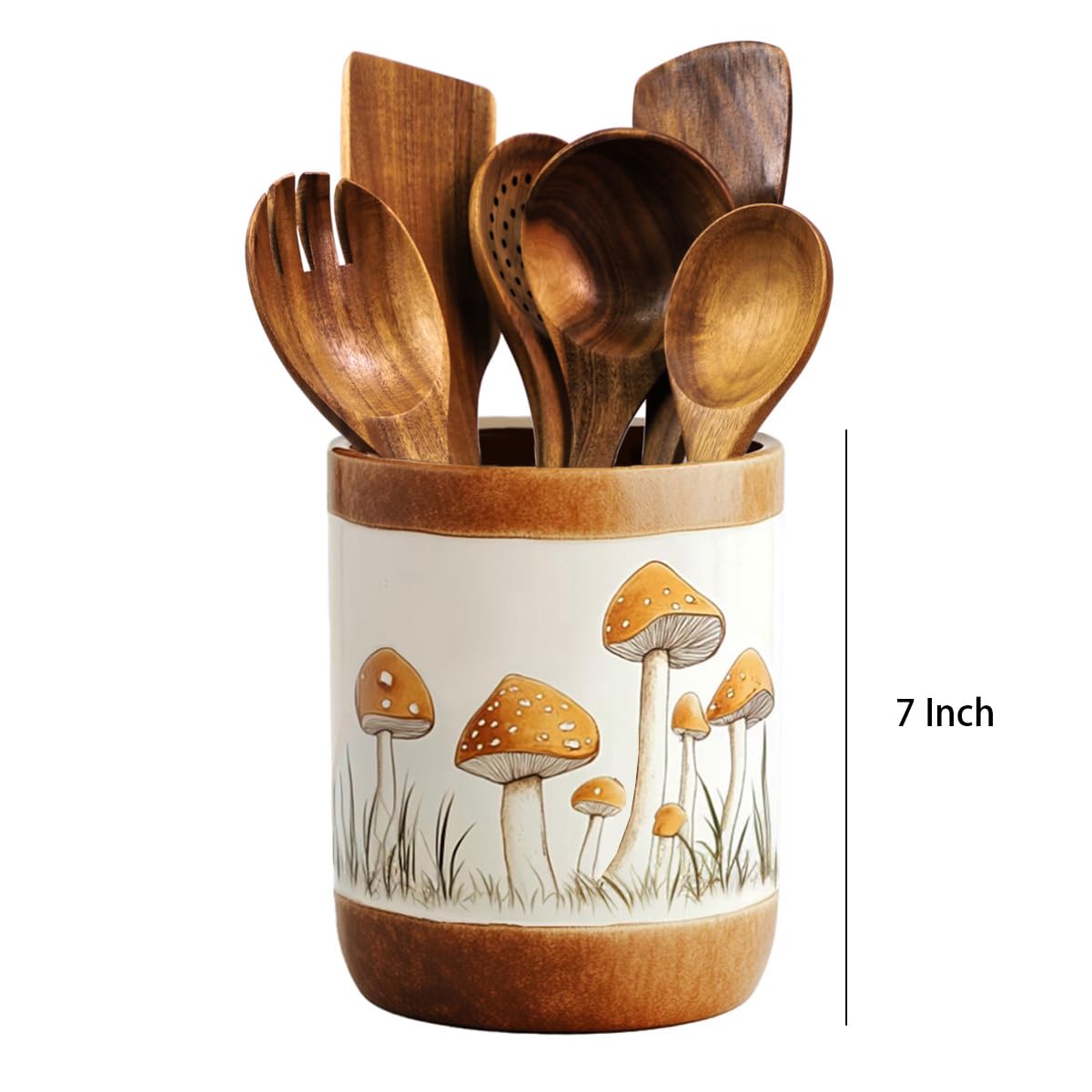 Bicuzat Brown Ceramic Mushroom Pattern Kitchen Utensil Holder, Large Cooking Utensil Crocks for Kitchen Countertop, Ceramic Utensil Organizer