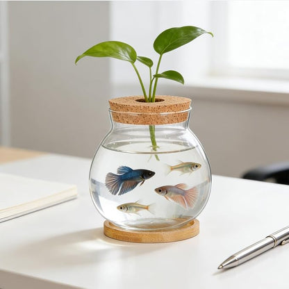Glass Hydroponic Plant Vase with Cork Lid and Bamboo Base Small Clear Fish Bowl Desktop Terrarium Kit for Water Plants Lucky Bamboo Betta Fish Starter Pot for Home Office Decor 5x5.5 Inch