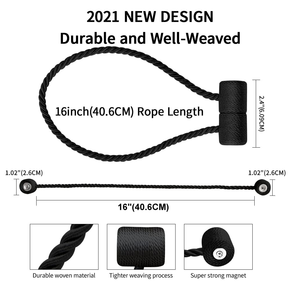 YUNTUOO 18 Inch Strong Magnetic Curtain Tiebacks, Curtain Holdbacks Modern Upgrade Strong 2021 New Twisted Style Decorative Drapery Rope Tie Backs(4 Pack Black)