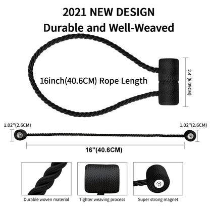 YUNTUOO 18 Inch Strong Magnetic Curtain Tiebacks, Curtain Holdbacks Modern Upgrade Strong 2021 New Twisted Style Decorative Drapery Rope Tie Backs(4 Pack Black)