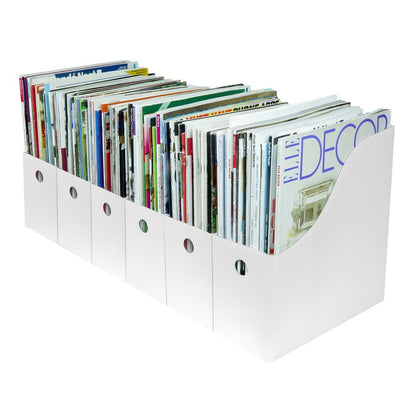 Evelots Magazine File Holder -Set of 6 White - Office Desk Organizer - Sturdy Cardboard - New Upgraded Double Front Panel -4" Wide-Easy Assemble