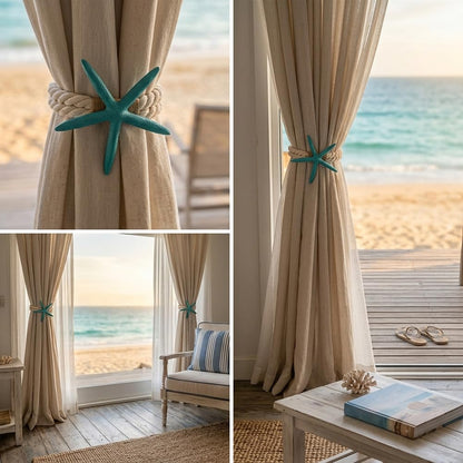 4PCS Starfish Curtain Tiebacks - Hand-Woven Rope Tiebacks for Indoor & Outdoor Decor, Perfect for Coastal Bedroom Curtains & Living Room Window Decor (Sea Blue)