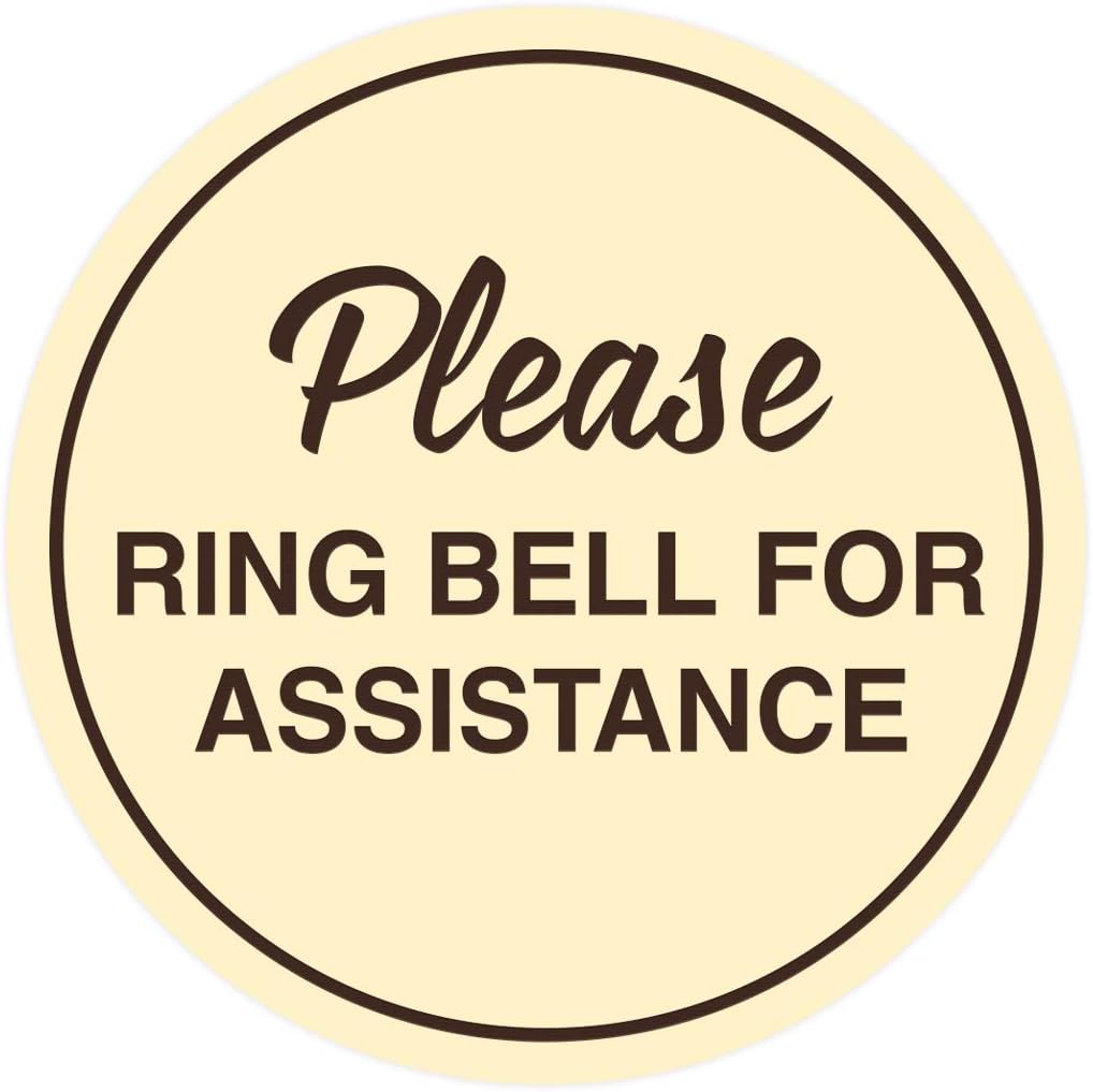 Signs ByLITA Circle Please Ring Bell For Assistance Wall or Door Sign | Easy Installation | Front Desk Reception Sign (Ivory/Dark Brown) - Small (5 Pack)