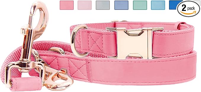 Soft Leather Dog Collar and Leash (6.6') Set - Stylish Rose Gold Heavy Duty Metal Buckle, 4 Adjustable Lengths Leash for Small Medium Large Dogs - Comfortable & Easy to Clean Dark Pink L(15.4"-24.8")