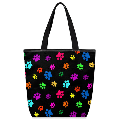 KOBLEN Dog Paw Print Canvas Tote Bag Reusable Grocery Shopping Bags for Women Beach Travel Storage Handbag with Zipper Portable Shoulder Bag