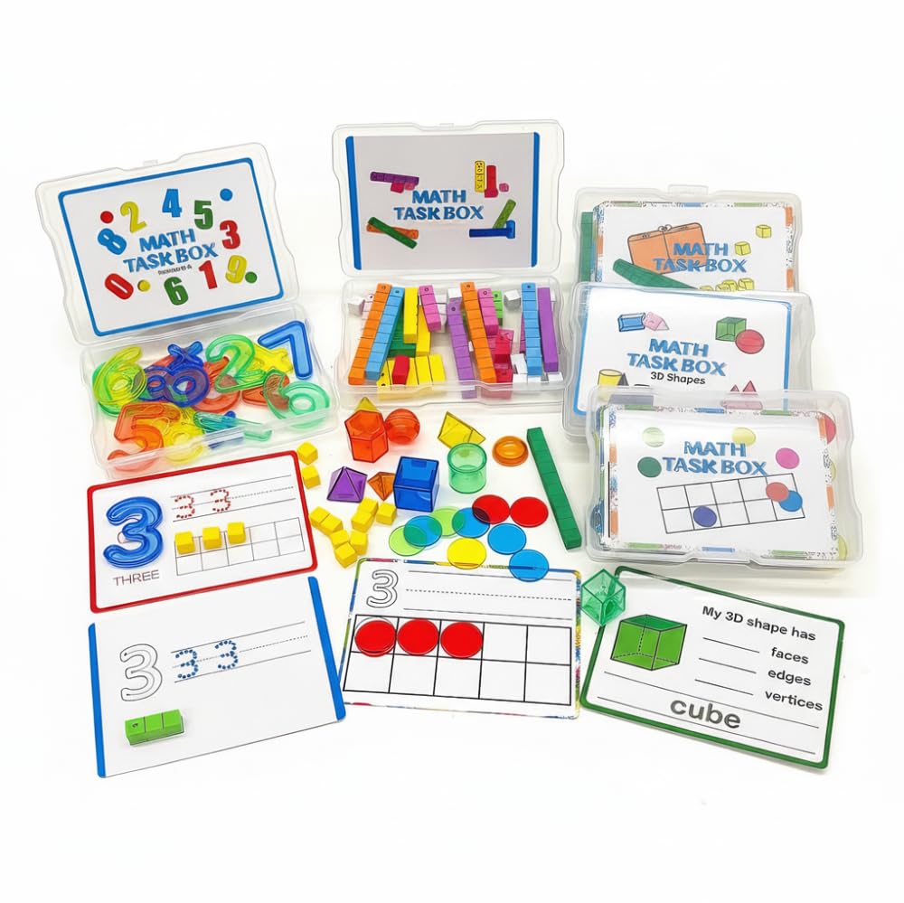 Math Task Boxes Set of 5 Math Manipulatives Themes 230+ Pieces of Number Rods, Base Ten Blocks, Ten Frame Disc Counters, Place Value Blocks, 0-9 Numbers, 3D Shapes, Counting Blocks Activity Cards