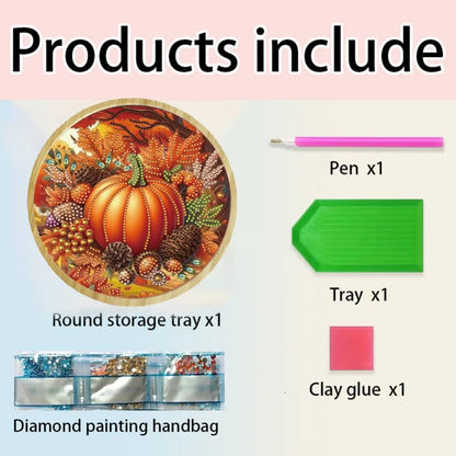 ARTopet DIY Diamond Round Serving Tray Diamond Art Painting Creative Design Handmade Bamboo Tray Dinner Plate for Coffee Breakfast Home Organizer-Fall Pumpkins