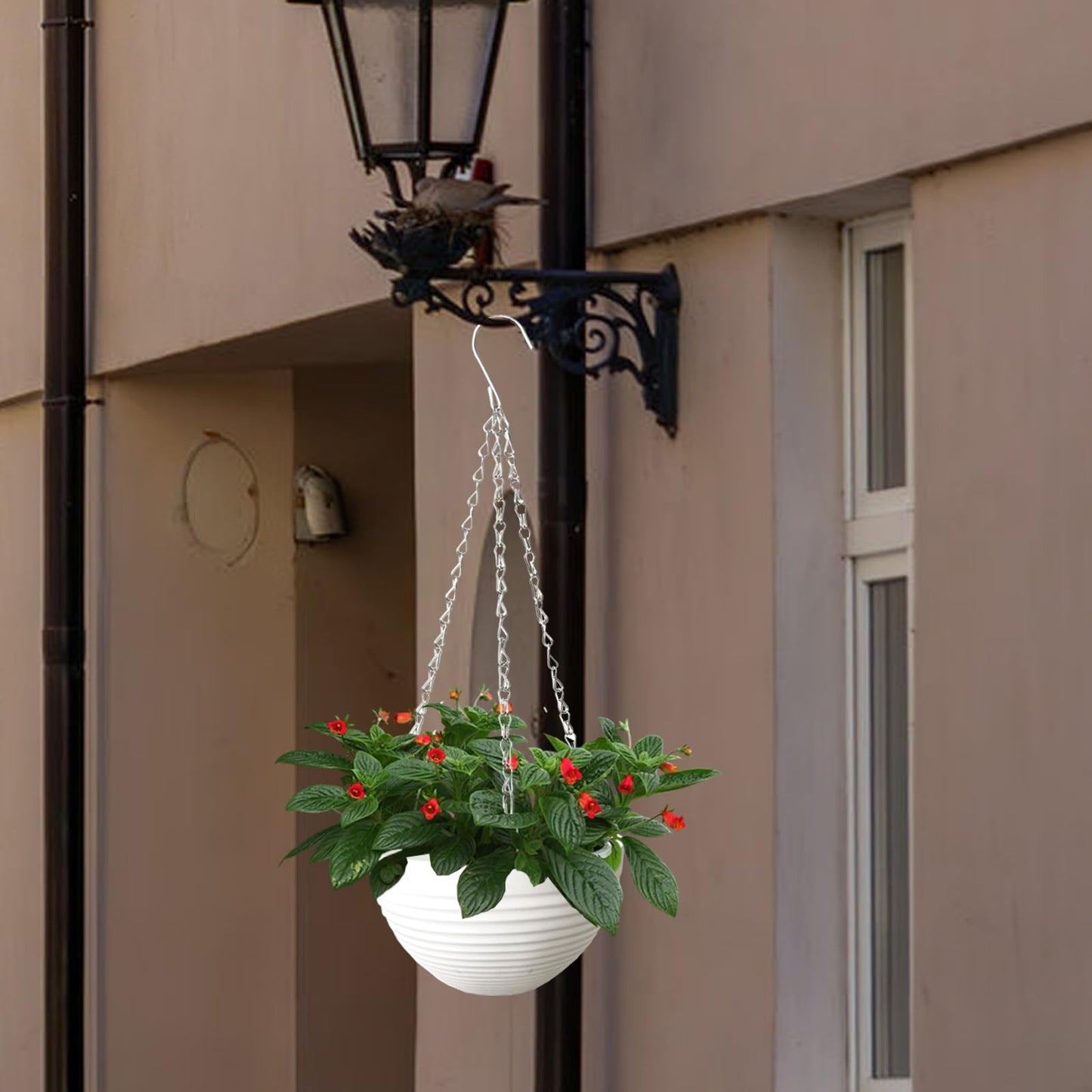 Srmayyi 4 Pack 8 inch Plastic Self Watering Hanging Planters,Round Hanging Basket Planter with Drainer and Metal Chain,White Garden Flower Plant Pot Container for Indoor Outdoor Plants