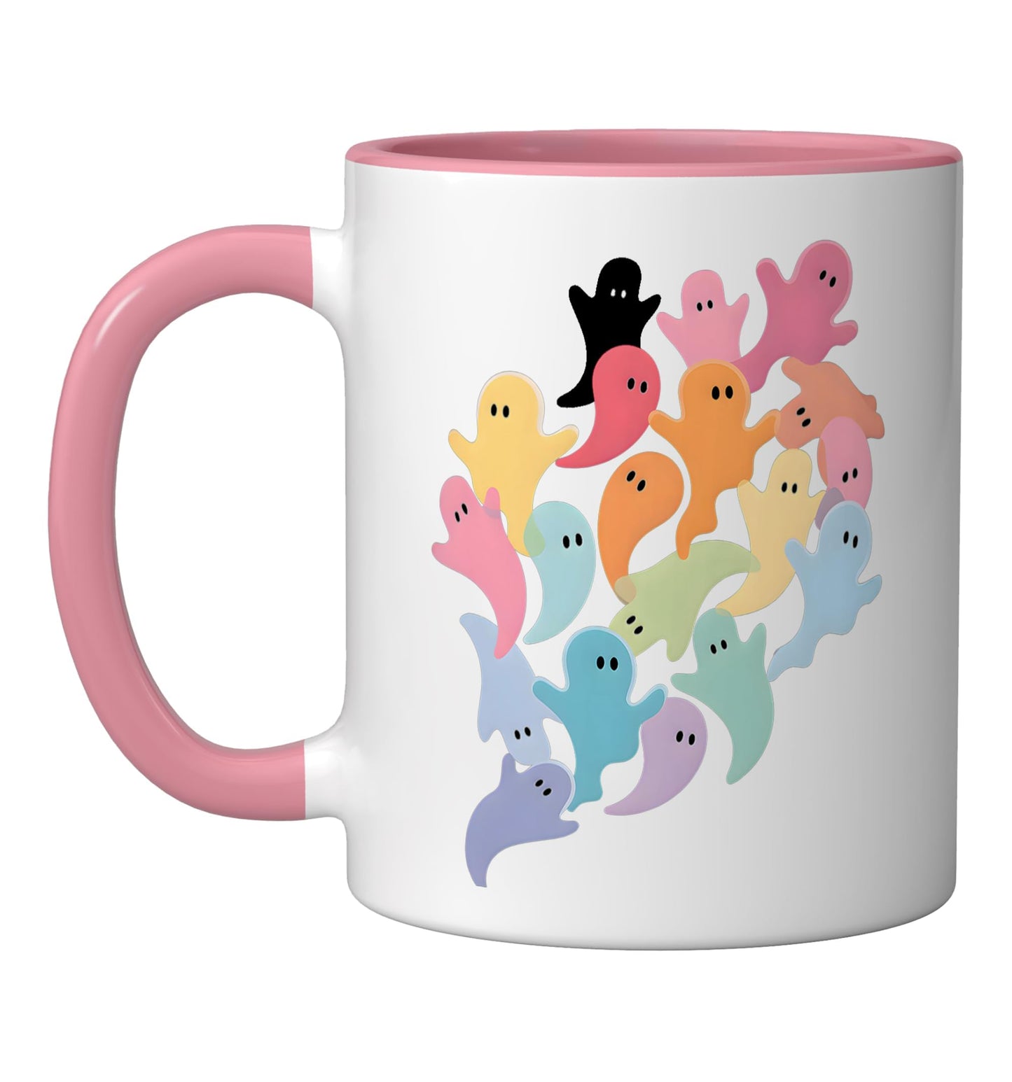 Halloween Cute Ghost Minimalist Rainbow Aesthetic Pattern Ceramic Mug, Pink/White