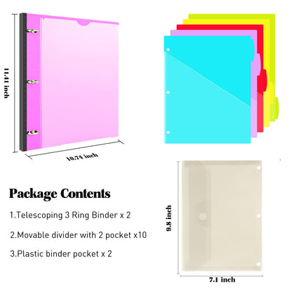 INFUN 1 Inch Telescoping Project Organizer Binder-2PCS,13 Pocket, Customizable Front Cover, 5 Colors Pocket Divider and Plastic Binder Pocket，225 Sheet Capacity-Pink