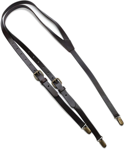 RC ROCKCOW Brown Leather Suspenders for Men Wedding Vintage Y Back Suspenders Tagger Snaps Wedding Party Best Groomsmen Gifts